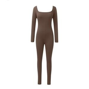 BALANCE LAOARA Jumpsuit women's Large Brown Long Sleeve Stretch Comfy Skinny New